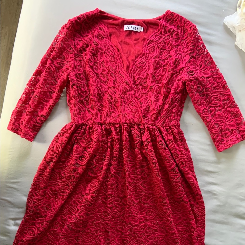 Maternity red lace midi dress
